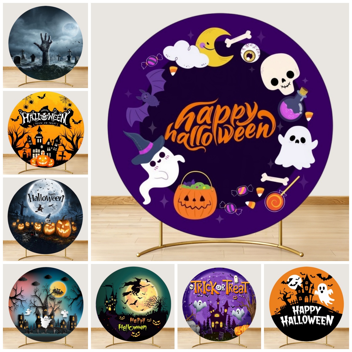 Photography Trick - Round Halloween Backdrop Skull Bat Pumpkin
